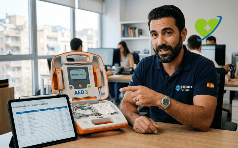 tecnico mostrando precio desfibrilador empresa
