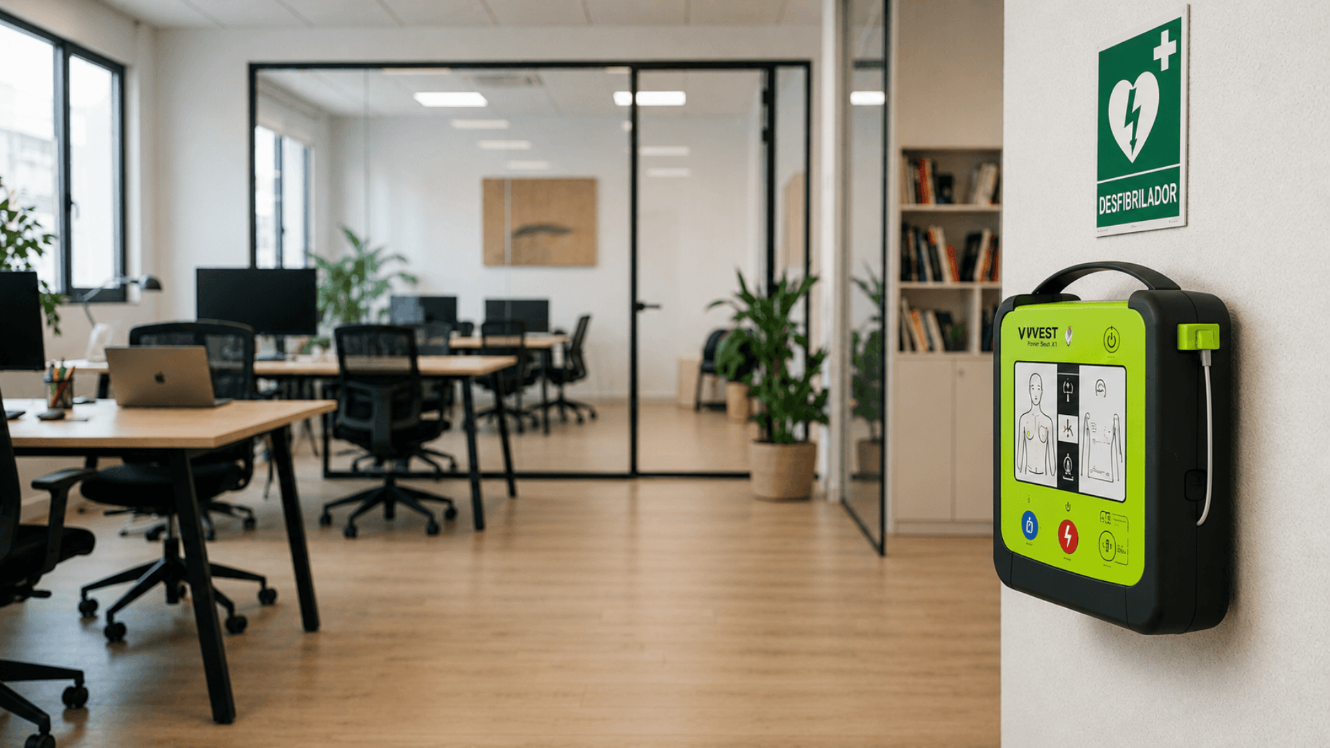 tecnico instalando desfibrilador en empresa de madrid