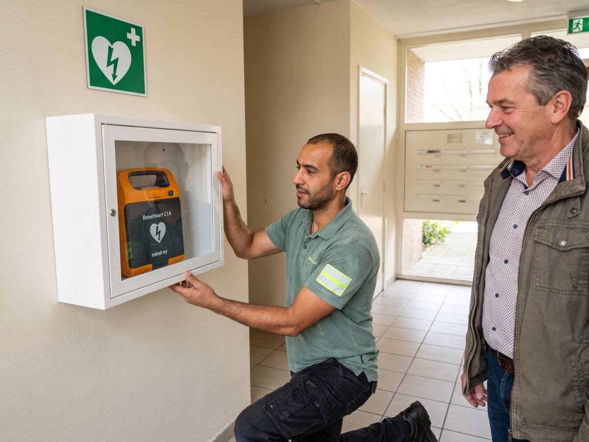 vitrina desfibrilador instalada en portal de comunidad de vecinos