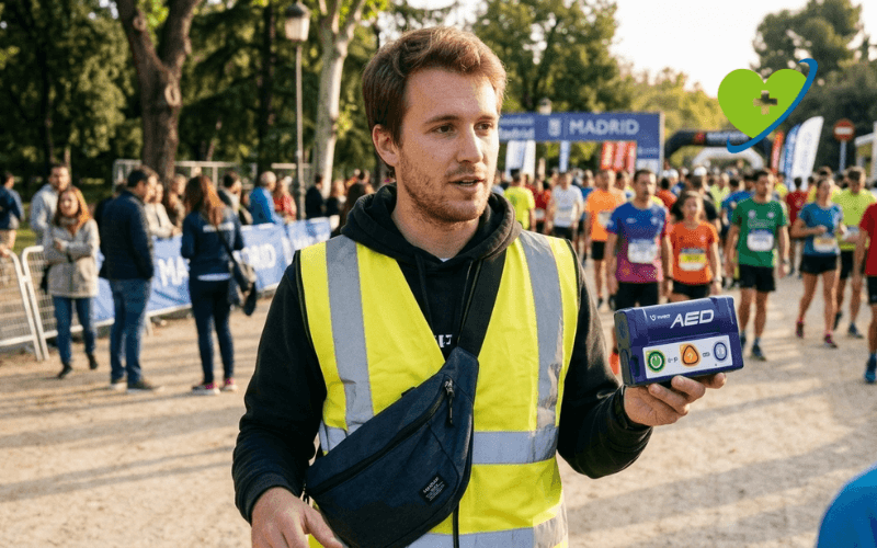 personal de evento deportivo sacando desfibrilador de bolsillo vivest p3 de una bolsa