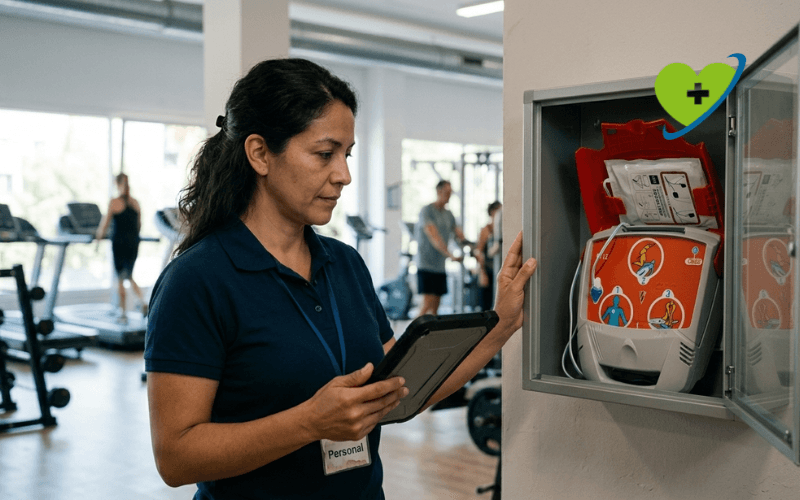 responsable de instalaciones revisando desfibrilador schiller fred pa1 en polideportivo