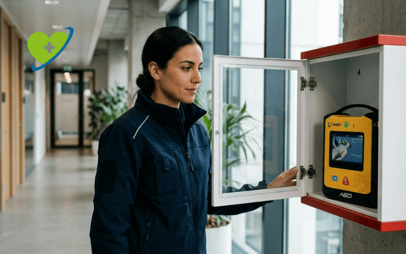 tecnica de emergencias revisando desfibrilador vivest powerbeat x3 en vitrina de oficina